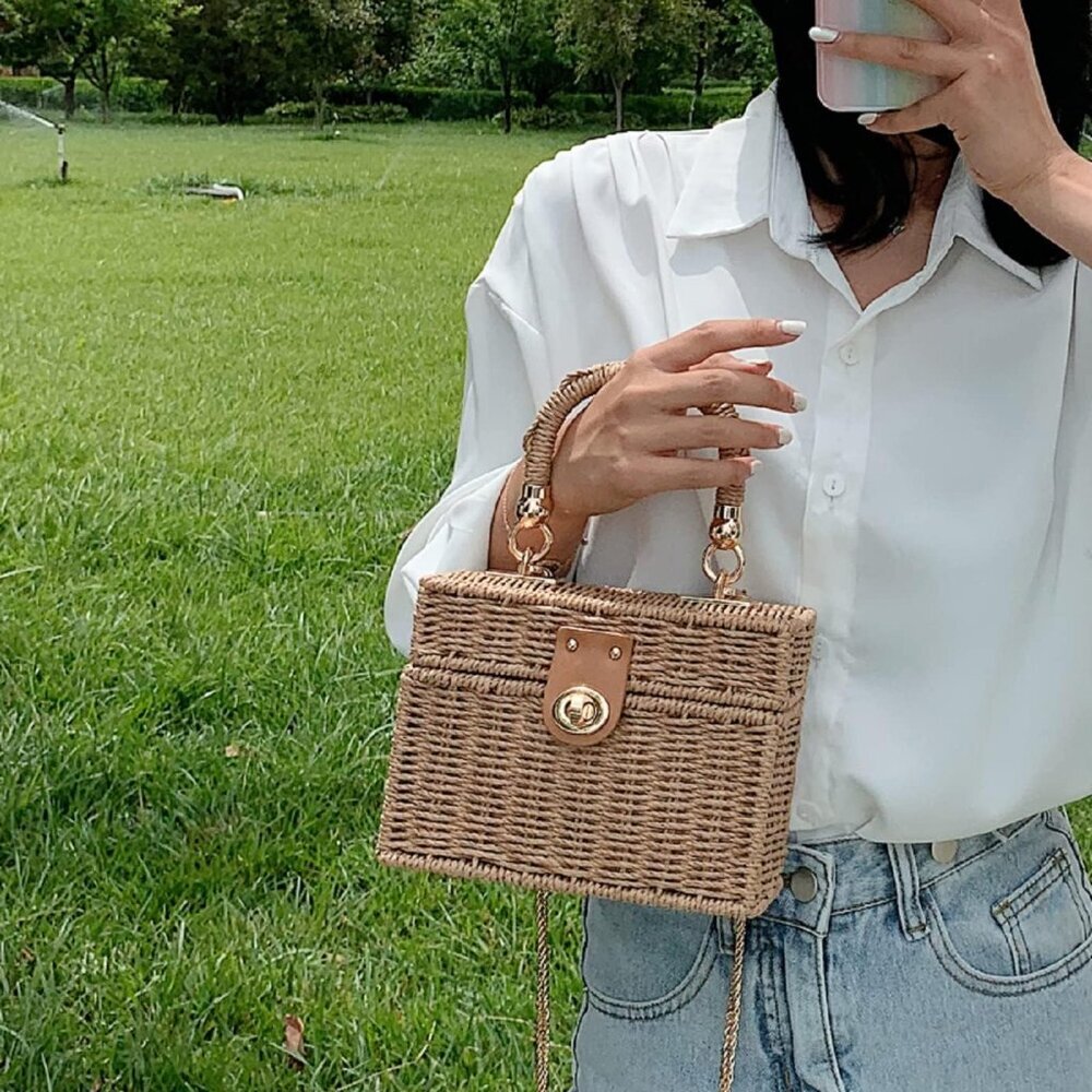 Handwoven Rattan vintage purse Bag Natural Chic Casual Handbag Beach Sea tote Ba - Picture 2 of 5